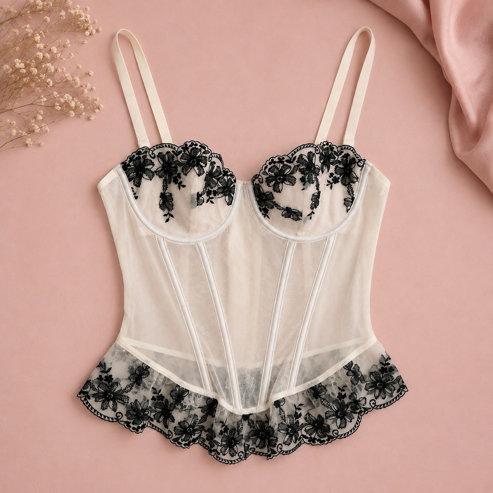 Victorias Secret Dream Angels Corset Top Cream Black Floral Embroidery Bustier